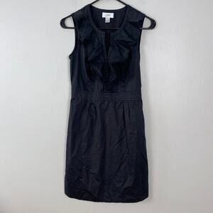 Loft‎ Black Ruffle Neck Sheath Dress Cotton Faux Button Coquette Office Size 2